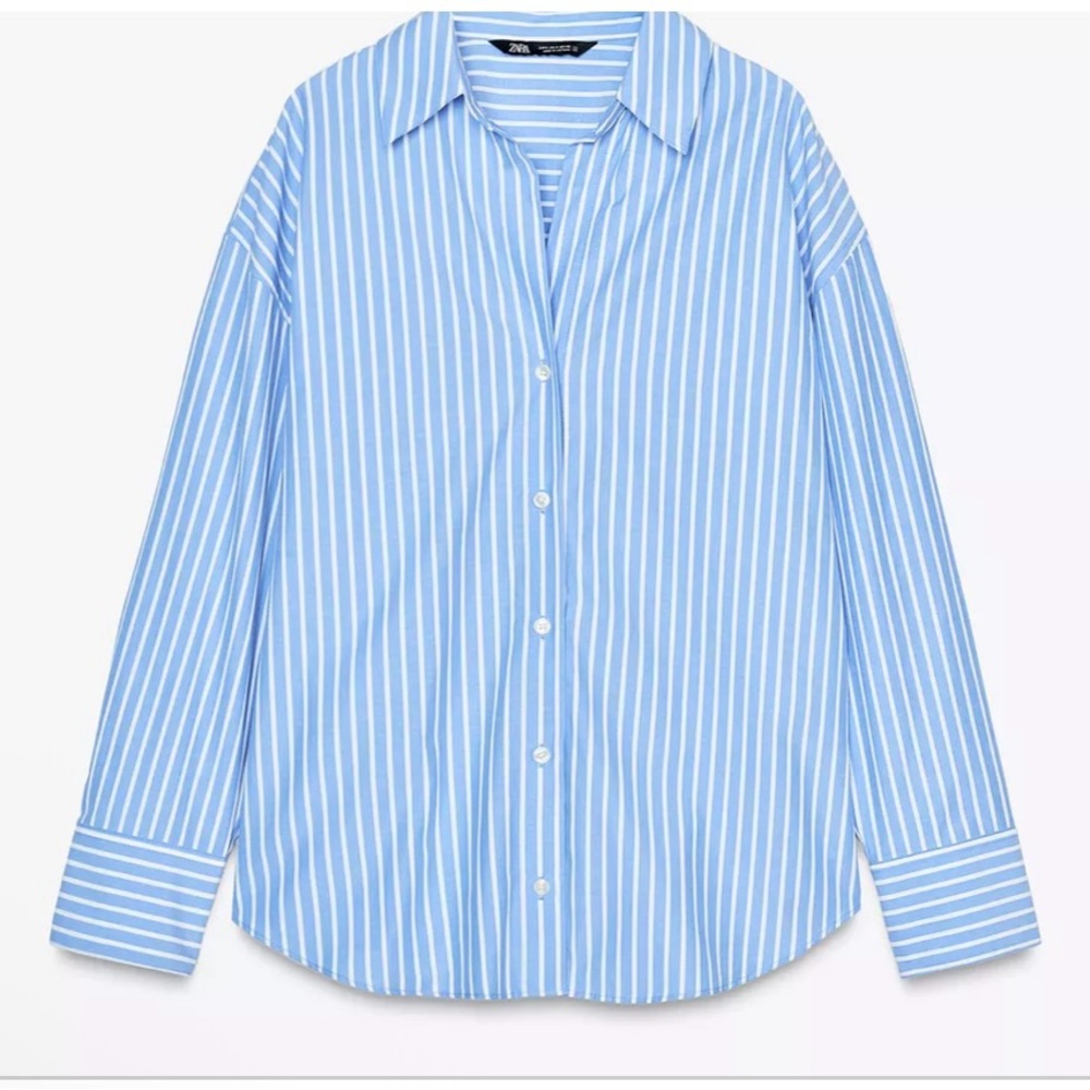 Zara Blue Striped Button-Up Poplin Shirt Size XXL